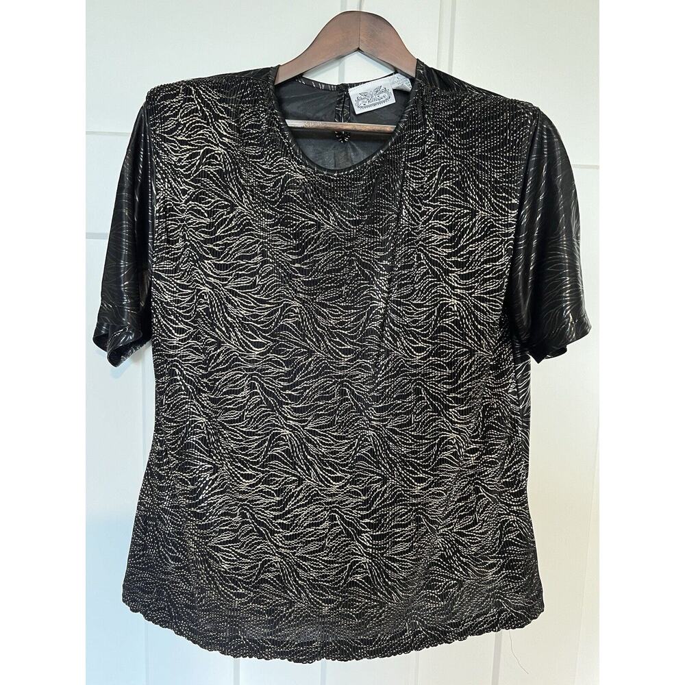 Vintage The Villager Women's Blouse Large Art Deco Party Black Metallic